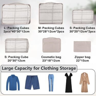 Набір органайзерів для валізи 12 предметів, водонепроникні пакувальні куби для подорожей та зберігання речей, бежевий