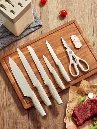 Набір кухонних ножів Yabano 7 предметів з підставкою та точилкою, кухонний набір з пластиковою підставкою (білий)