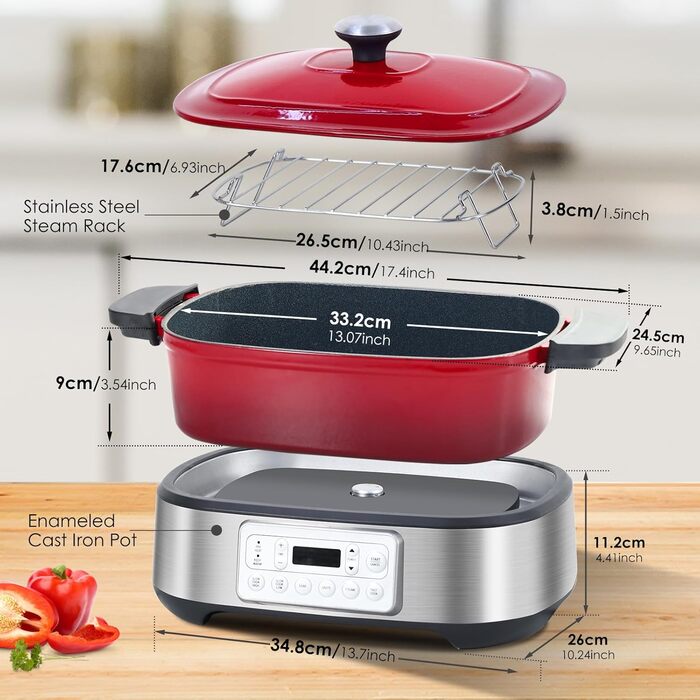 Мультиварка Homtone 6-в-1, 5.5L з керамічним покриттям, червона. Повільне приготування, смаження, варіння на пару