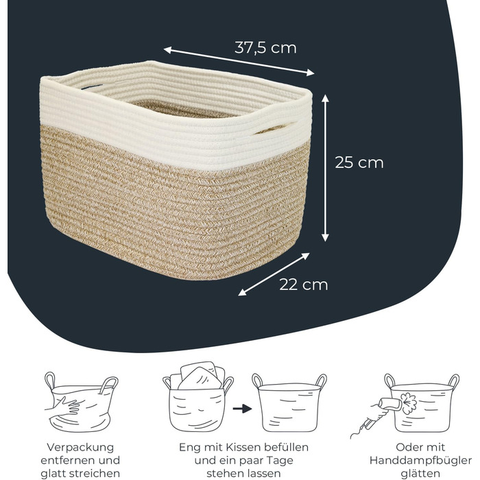 Набір кошиків для зберігання HMF, 3 шт., з прихованими ручками, бавовна, 37,5 x 25 x 22,5 см, пісочний колір