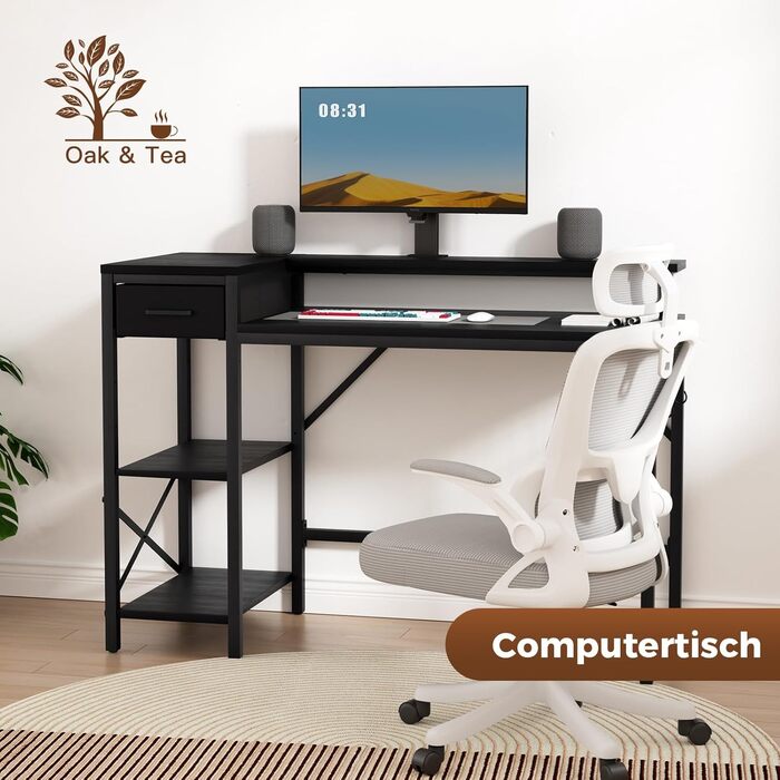 Ігровий стіл Oak & Tea 120x52 см з ящиками, регульованою полицею та підставкою для монітора – для роботи, навчання та геймінгу, коричнево-чорний