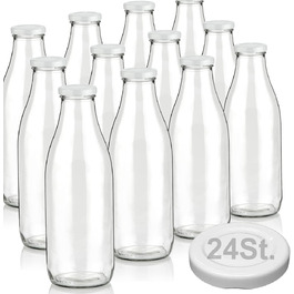 Пляшки для молока об'ємом 1000 мл з 4 кришками, що не містять бісфенолу А, скляні пляшки об'ємом 1 л, також доступні з 4/6/9/12/15 пляшками для смузі, пляшки з широким горлечком, пляшка для молока, порожня для наповнення, пляшка для пиття з кришкою, що загвинчується (12 пляшок 24 кришки), 2