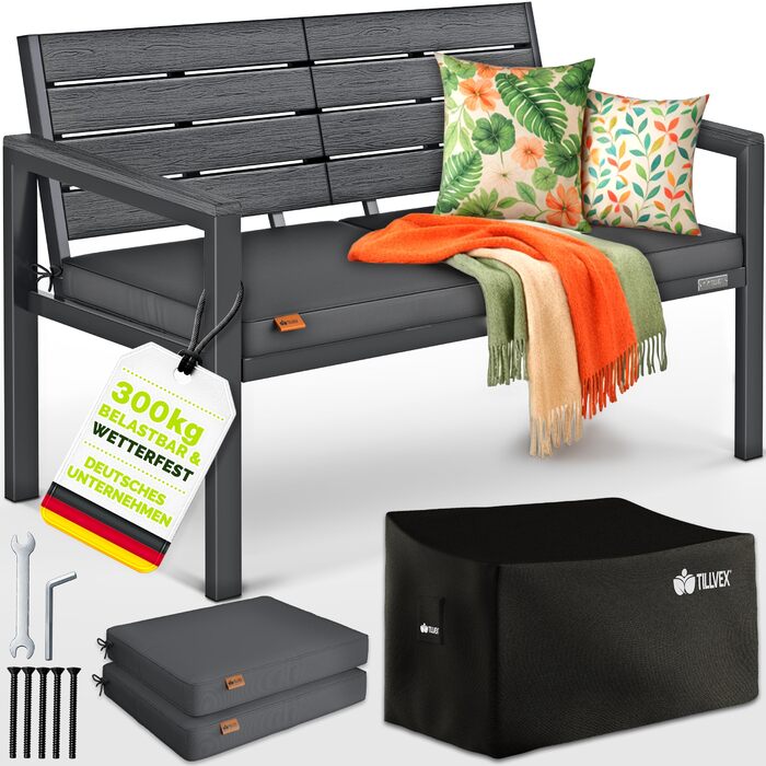 Садова лавка Tillvex® 3-4 місця з подушками та чохлом, вулична, стійка до погодних умов, деревоподібна, до 300 кг, антрацит 150 см