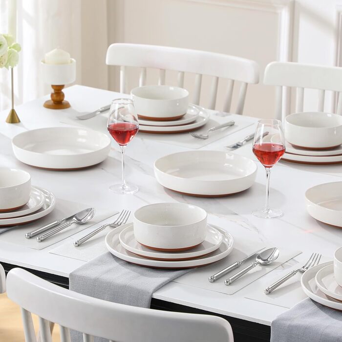 MALACASA Сервіз на 6 осіб (24 предмети) з реактивної глазурі, кераміка, білий з коричневим, для дому та ресторану