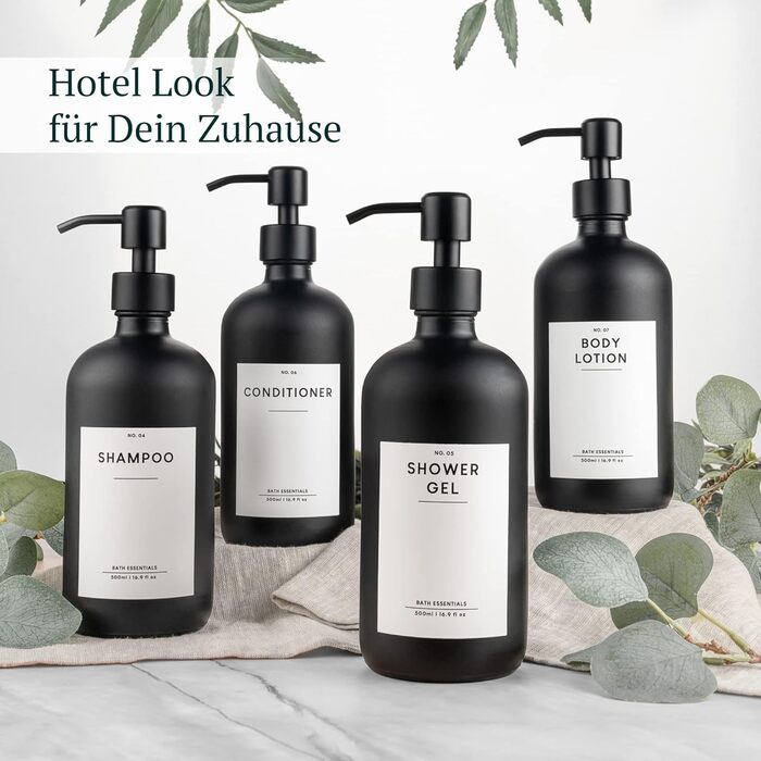 Набір дозаторів для мила MONOKO (4 шт.) чорного матового скла, 500 мл | Дозатори для шампуню, мила, кухні | Нержавіюча сталь, насосна головка | з наліпками