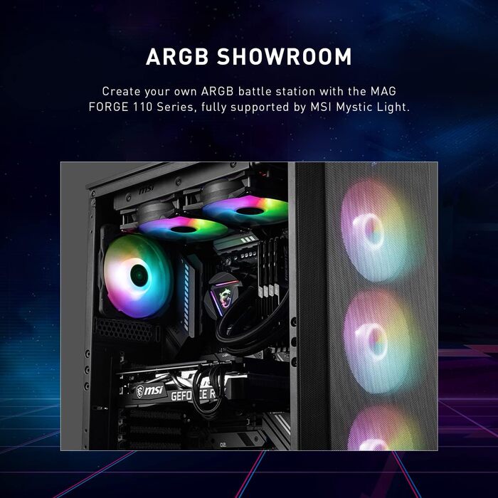 Ігровий корпус MSI MAG Forge 112R, середній форм-фактор, скляна бокова панель, 4 aRGB вентилятори 120 мм, підтримка водяного охолодження 240 мм