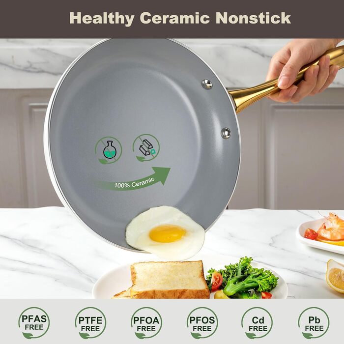 Набір посуду з керамічним покриттям: каструлі та сковорідки з кришками, здоровий, антипригарний (без PFAS, PFOA), для плити, духовки, мийки, бежевий/білий з золотом