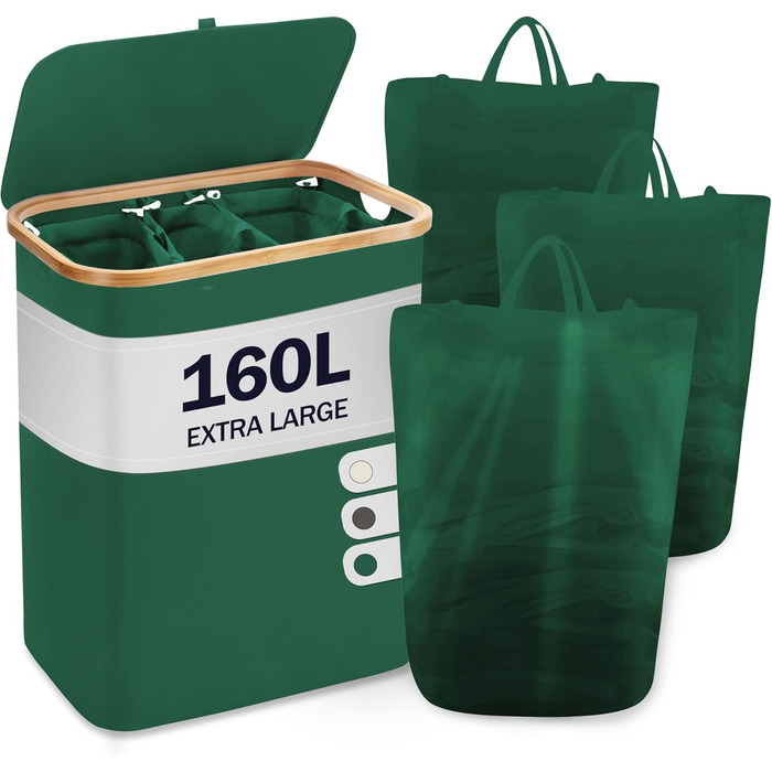 Кошик для білизни Youdenova з кришкою, великий, 160л, бамбук/дерево, сортувальник, білий