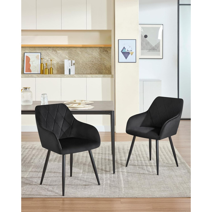 Набір обідніх стільців Woltu з підлокітниками та спинкою, для кухні, вітальні, їдальні, м'який оксамитовий чохол, металеві ніжки (Чорний, 8 шт.)