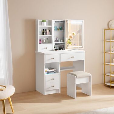 Дзеркальний туалетний столик DATO з LED-підсвічуванням, 3 колірні температури та регулюванням яскравості, з пуфом, 5 шухляд та 3 полиці, з розсувним дзеркалом (T68)