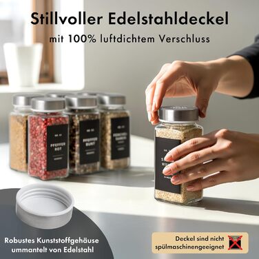Набір кутових банок для спецій з нержавіючою кришкою (24 x 120 мл) з дозатором та 240 чорними етикетками - високоякісні контейнери для спецій, органайзер для спецій [10,7 см x 4,5 см]