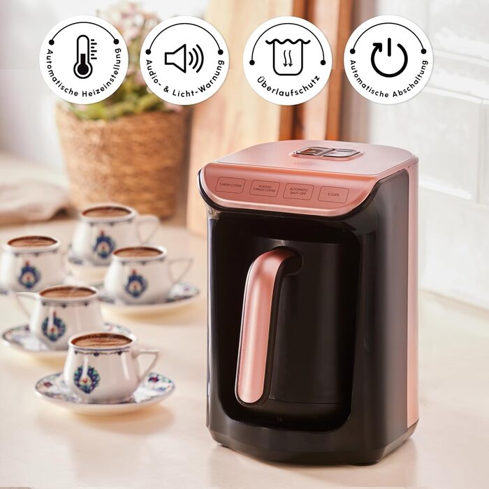 Кавомашина KARACA Hatır Roast для приготування турецького кави, рожеве золото, 5 чашок, 535W, з системою попередження, ложка, легке очищення