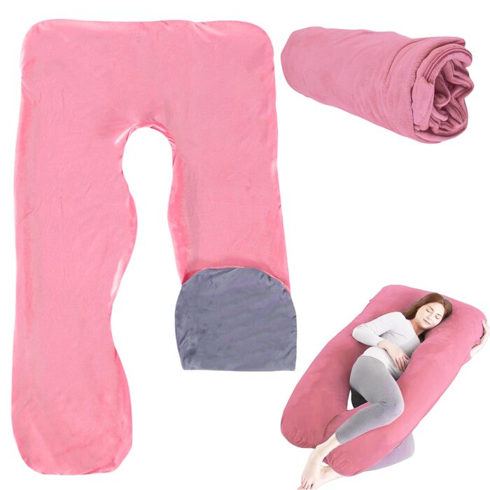 Наволочка на подушку для вагітних U-подібна, бавовняна знімна наволочка для подушки для годування та підтримки тіла, 140 x 80 см (Рожевий + Сірий)