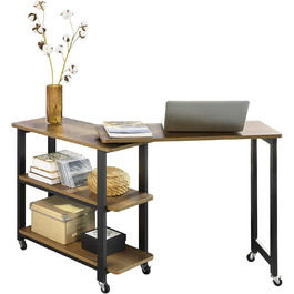 Подібний приставний столик з 2 полицями Диванний стіл з коліщатками Журнальний столик Кутовий стіл Комп'ютерний стіл Робочий стіл Промисловий дизайн BHT приблизно 133x69x30 см (коричневий), 83-N L-