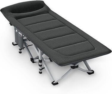 Розкладне кемпінгове ліжко CALIYO з матрацом, 200x80x40 см, витримує до 200 кг, сталевий каркас та тканина Оксфорд, чорне, з сумкою для зберігання