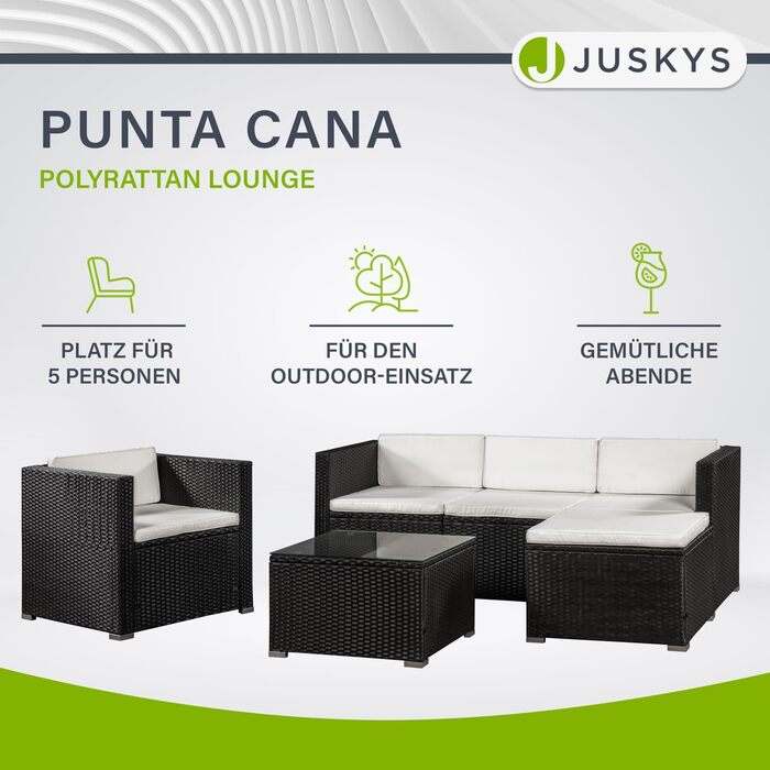 Juskys Lounge Punta Cana L: Комплект садово-розкішних меблів для 4-5 осіб (софа 3 місця, крісло, пуф, столик, подушки). Чудовий вибір для саду, тераси та балкону. Водостійкий набір меблів для відпочинку. Чорний/Крем.