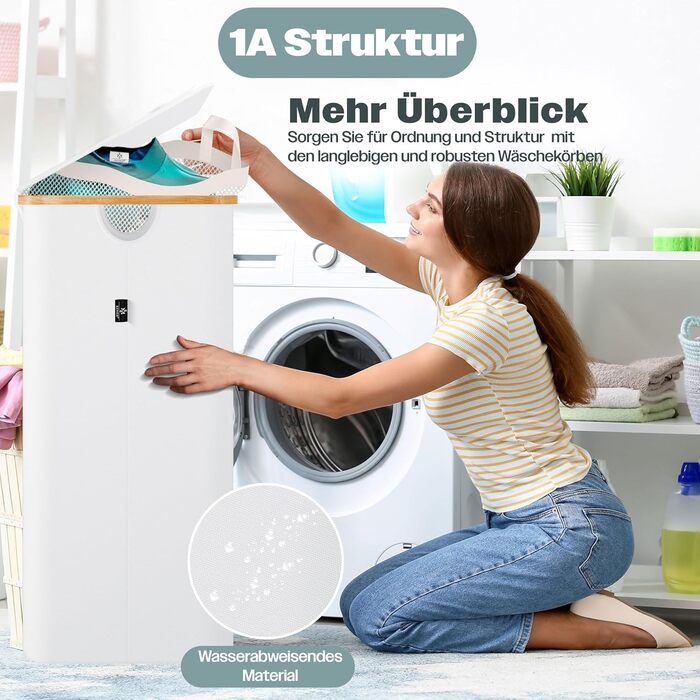 Кошик для білизни KESSER® з кришкою, 2 відділення, складний | Коробка для білизни, кошик, контейнер | 3 знімні мішки для білизни, сортер з інструкціями (140 л, білий)