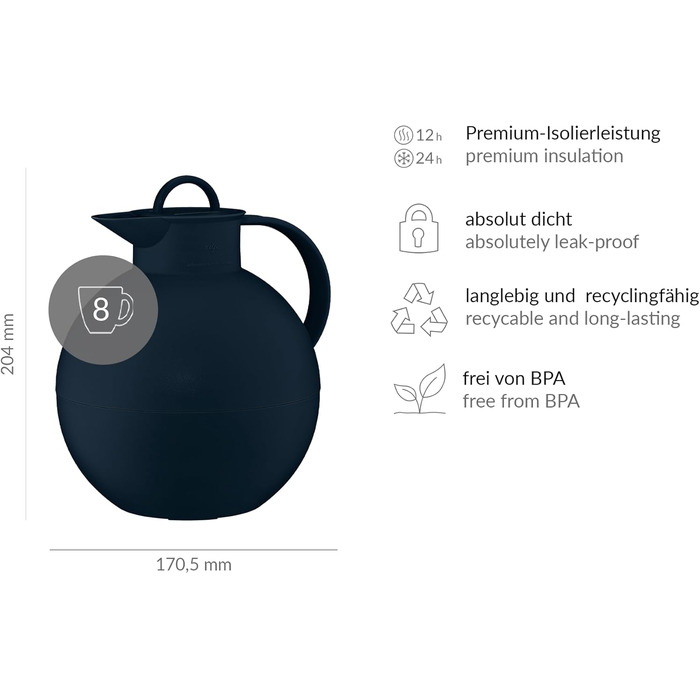 Термокружка Alfi KUGEL 0.94л, темно-синій матовий пластик, з термоізоляцією, з скляною вставкою, з поворотним закриттям, дизайнерська модель, кулькоподібна термокружка, ідеальна для кави та чаю, BPA-free, 940 мл, темно-синій матовий