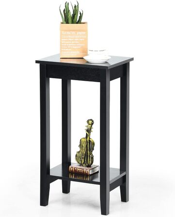Журнальний стіл COSTWAY з полицею, 2-ярусний високий диванний стіл з 4 ніжками з масиву дерева, прямокутний журнальний стіл Стіл для передпокою з дерева, стіл для рослин Дерев'яний стіл для вітальні Спальня (чорний) Чорний