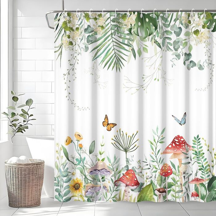 Штора для душу 180x220 см, Антигрибкова, з тропічним дизайном (пальмові листя, евкаліпт, гриби), водонепроникна, поліестер, для ванної кімнати, з 12 гачками, зелена