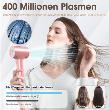 Професійний фен для волосся з дифузором та плазмою (400 млн іонів), безщітковий мотор 110 000 об/хв, низький рівень шуму 57дБ, Rose Gold