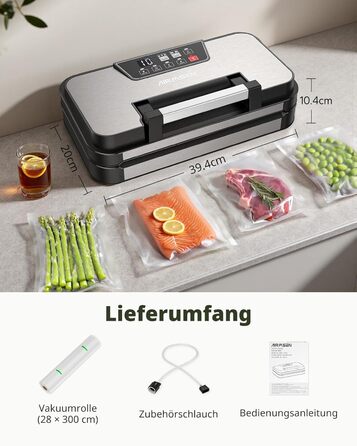 Вакууматор AIRMSEN 95 кПа з функцією підкачки, професійний вакуумулятор для сухих та вологих продуктів, 120 Вт, з відсіком для рулонів, різаком та шлангом, подвійний шва 2x3 мм