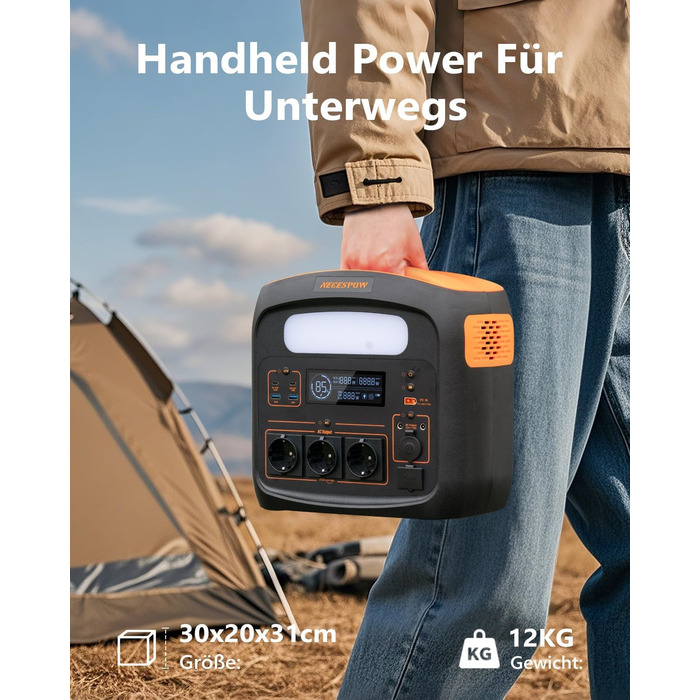 Портативна електростанція NECESPOW N1200, 1102.5Wh, LiFePO4, 1500W (3000W пік), 3 розетки AC, чиста синусоїда, 50Hz, для дому та відпочинку на природі