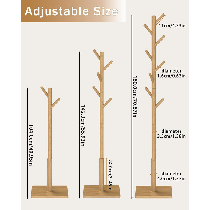 Вішалка для одягу Yawinhe у вигляді дерева з антиковзним покриттям, з масиву дерева, 180 см, 8 гачків, 3 регульовані висоти, для передпокою, 1 шт.