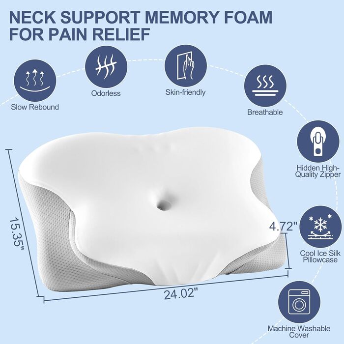Ортопедична подушка для шиї Donama з memory foam, для сну та зняття болю в шиї та плечах, ергономічна подушка для сну на боці, спині та животі, білий/сірий колір, розмір 61x39x12 см