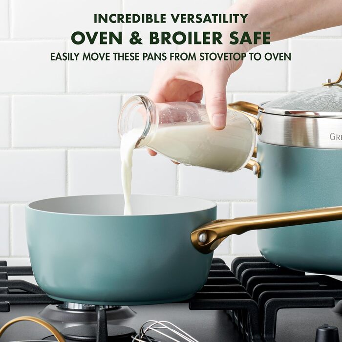 Каструля GreenPan Padova Reserve з нержавіючої сталі з антипригарним покриттям Hartelox, 18 см, 2 л, з кришкою з термостійкого скла, без PFAS, для індукційних плит, з золотим ручками, придатна для миття в посудомийній машині та випікання, колір Димчастий 