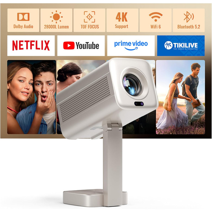 Mini проєктор Smart Beamer 4K з автофокусом, WiFi6, Bluetooth, 28000 люмен, підтримка Netflix та Dolby Audio. Підходить для домашнього кінотеатру та використання на вулиці. Сумісний з телефонами та ПК.