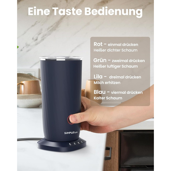 Електричний спінювач молока SIMPLETASTE 4-в-1: гарячий та холодний спінений молочний напій, підігрів молока, приготування какао, антипригарне покриття, автоматичне вимкнення, тиха робота, без BPA, для капучино та лате, темно-синій, з додатковою насадкою