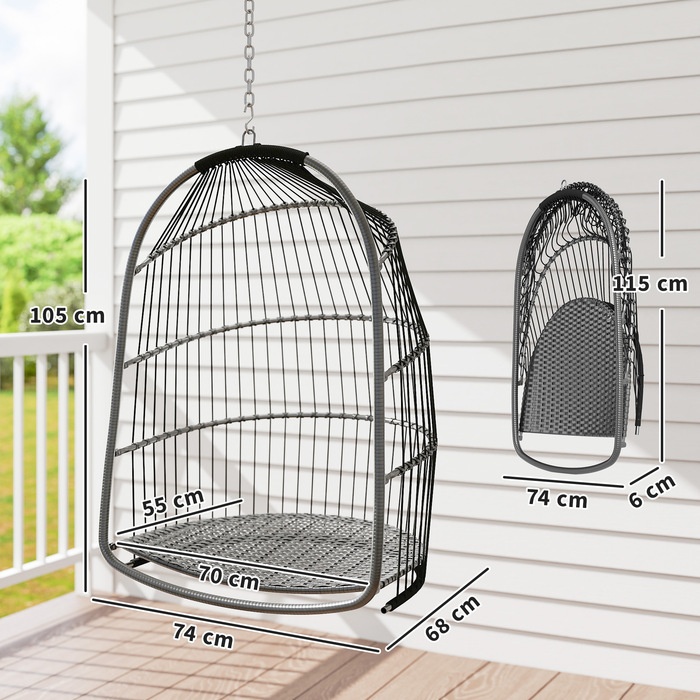 Підвісне крісло Підвісний кошик з подушкою Poly Rattan Swing Зовнішнє складне підвісне крісло з навантаженням до 150 кг Підвісне гойдалка Плетене підвісне крісло для вітальні Балкон Тераса Темно-сірий | Аосом