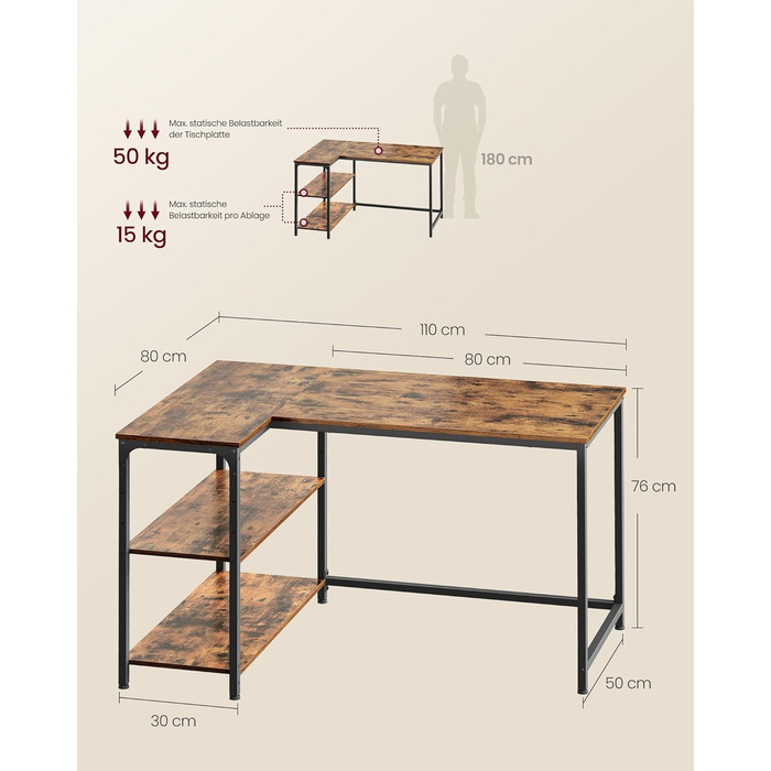 Кутовий стіл VASAGLE L-подібної форми з полицею, для офісу та дому, 110 x 80 см, vintage brown
