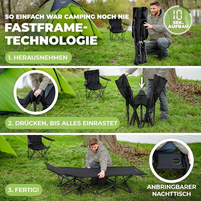 Розкладне кемпінгове ліжко NORDICTRAILS XXL з м'яким матрацом, чорне (190 x 70 см) — зручне ліжко для відпочинку на природі, риболовлі та гостей