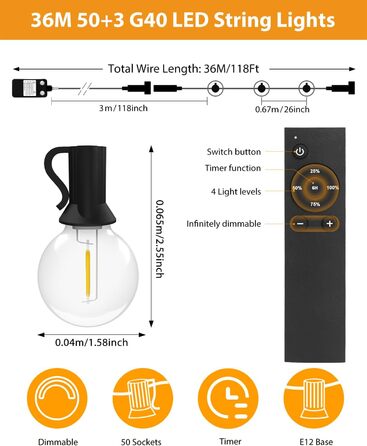 Ланцюжок прикрас BTfarm 13M з 18+1 LED, димування, таймер, для саду, тераси, вечірок. Водостійкий, тепле світло, з пультом ДУ.