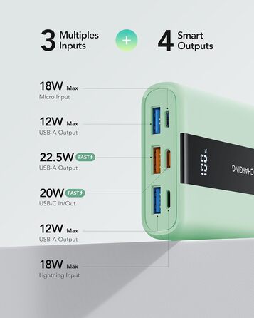 МАгод, швидкий зарядний пристрій 22,5 Вт, USB-C, PD QC3.0, сумісний з iPhone та іншими пристроями (зелений), 20000