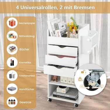 Роликовий контейнер COSTWAY з 3 висувними ящиками, робочий візок з 2 ручками та 3 полицями, дерев'яний шафка на колесах, багатофункціональний візок для офісу/кабінету (білий)
