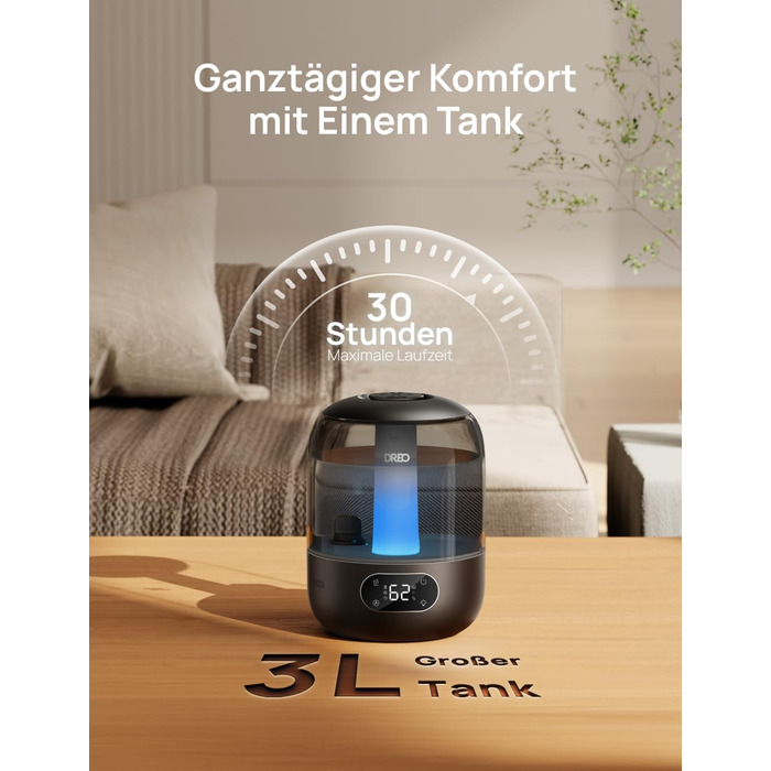 Зволожувач повітря Dreo для спальні, ультразвуковий пристрій холодного туману з 30 годинами роботи, резервуар 3L з верхнім заповненням, датчик вологості, нічне світло для дітей, кімнати, рослин та дому, чорний