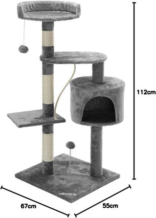 Котяче дерево 112 см з платформами, Котяча печера, Ігрові м'ячі, Ігрова мотузка, Дряпаюче стебло, Сірий