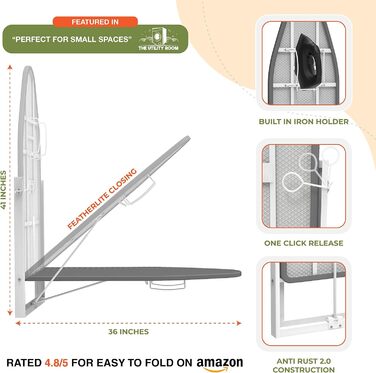 Настінна прасувальна дошка Xabitat з тримачем для праски, 91,9 x 31 см, компактний кронштейн, розбірний, для невеликих приміщень, компактний, з чохлом з бавовняної тканини, білий і (сірий чорний)