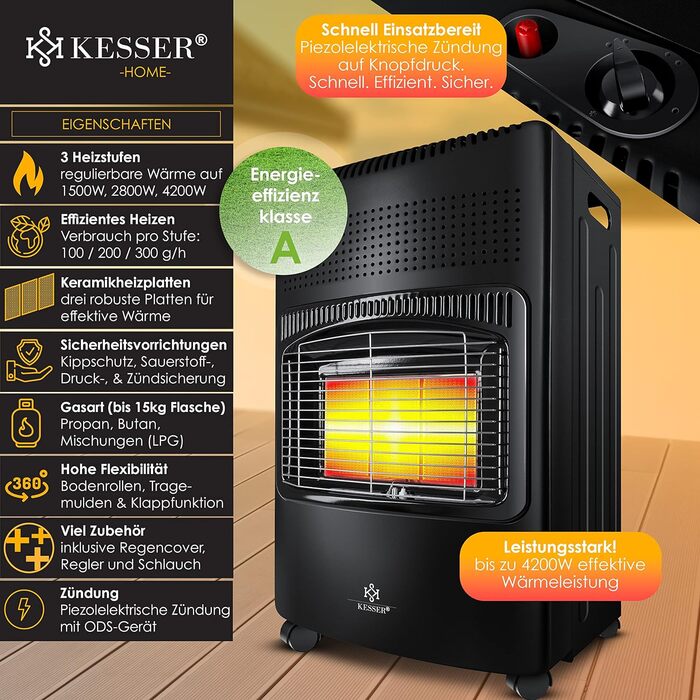 Газовий обігрівач KESSER® 4200W з керамічним нагрівачем, газовий нагрівач, інфрачервоний нагрівач, чорний. Підходить для бутан/пропан до 15кг