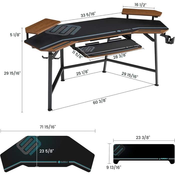 Ігровий стіл EUREKA ERGONOMIC 160x74 см з крилами для геймінгу, PC, Home Office, Live Streaming, 2 слоти для iPad, горіховий колір