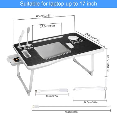 Складаний столик для ноутбука з USB-портом, з ручкою, кишенями для карток, тримачем для напоїв та висувною шухлядою (чорний)