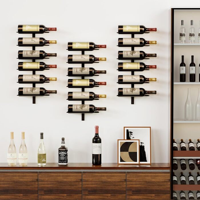 Настінна полиця для вина TJ.MOREE на 12 пляшок, дерев'яний винотримач для кухні, бару, їдальні - чорний комплект 6 шт.