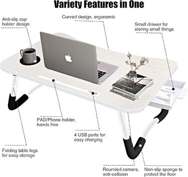 Стіл для ноутбука в ліжко/на диван, складаний, з USB-портами, ящиком та підставкою для планшета (60 x 40 см, білий)
