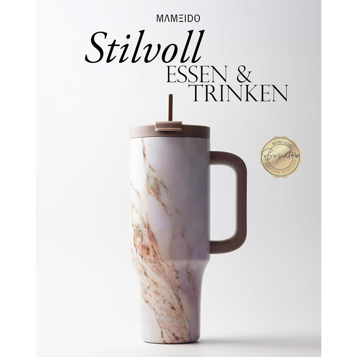 Термокружка MAMEIDO з трубочкою, 1200 мл, Pearl Marble: подвійні стінки, ізольована, з кришкою, не протікає