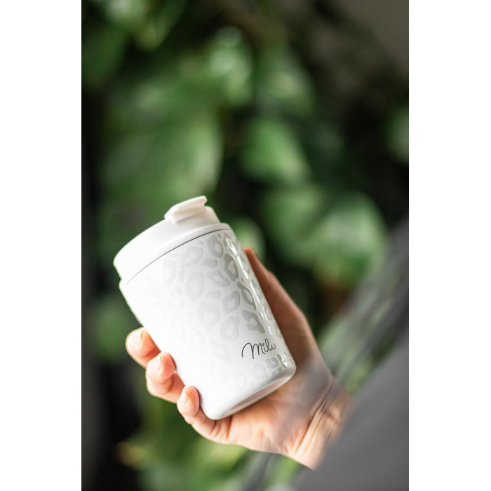 Термокружка Milu 400 мл - не протікає, з нержавіючої сталі, з трубочкою, ізольована, зберігає тепло 10 годин / холод 20 годин, без BPA (White Leopard)