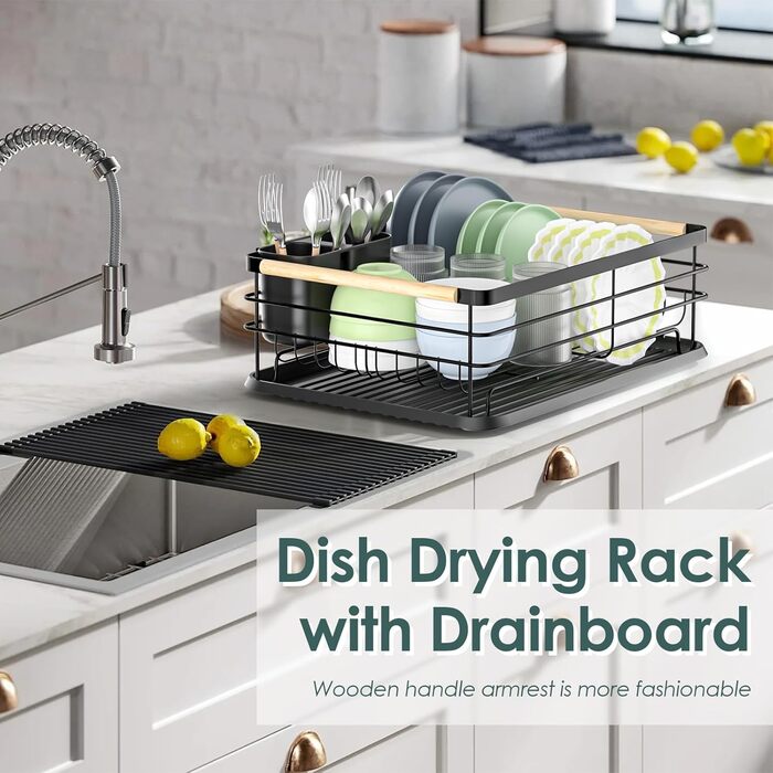 Сушарка для посуду Dreamhigh® з піддоном та контейнером для столових приборів, чорна, 43x30.5x14 см, для 3-5 осіб