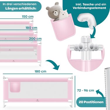 Захисний бортик для ліжка KESSER® 150 см, сітчастий бортик для дитячого ліжка, складаний та регульований по висоті, захист від випадання для немовлят та дітей (Рожевий, 180 см)